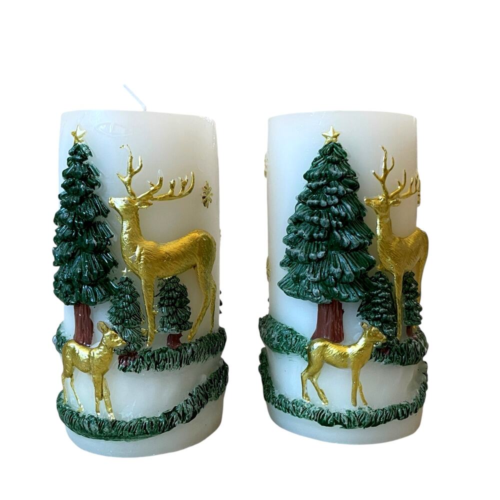 Christmas Pillar Candle Set of 2 Embossed Reindeer & Christmas Pine Trees 6" NEW